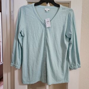 NWT J Jill Sea Glass Cotton Cardigan Top Medium Tall Button Front Knit
